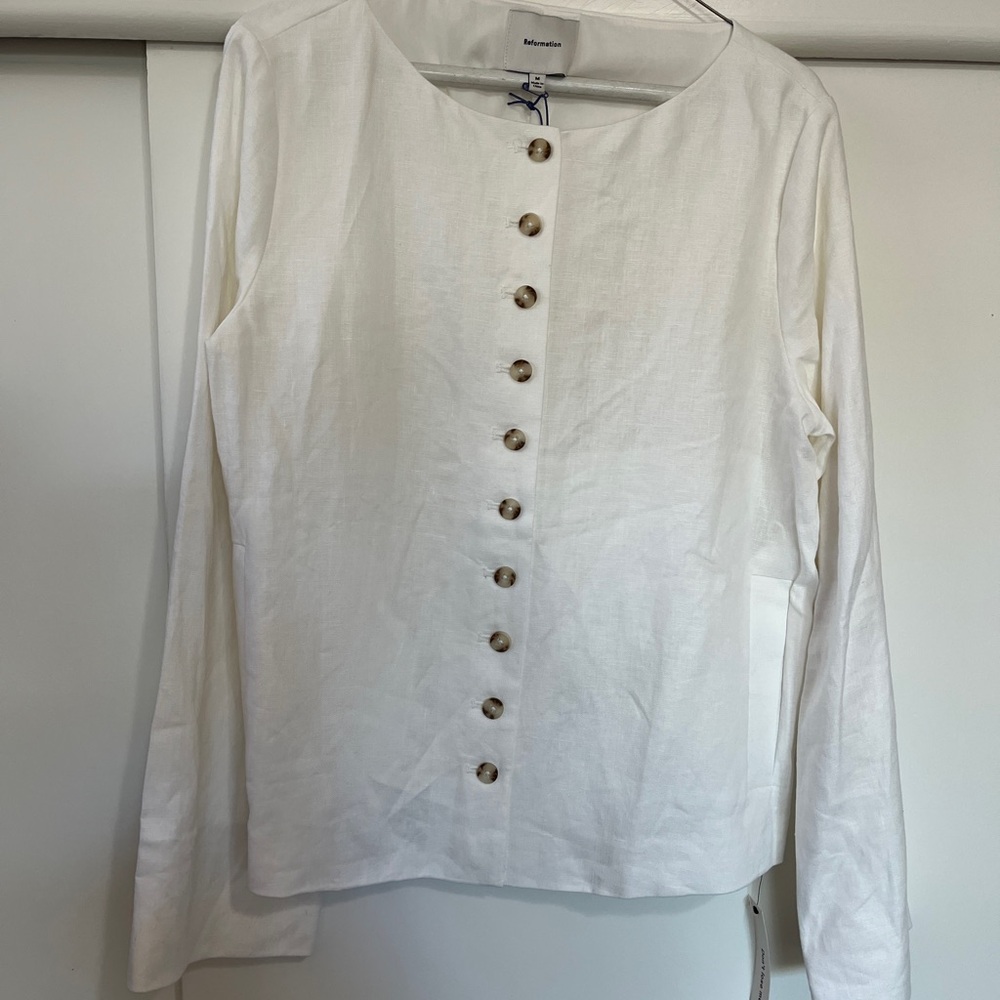 Reformation White Linen Button-Front Long Sleeve Jacket